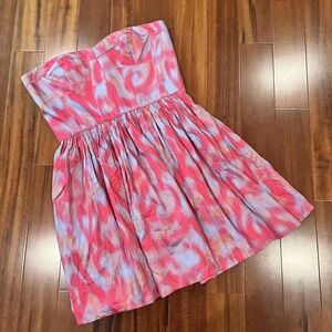 Rebecca Taylor Silk Pink Strapless Dress Watercolor Pattern Sweetheart Bust Sz 6